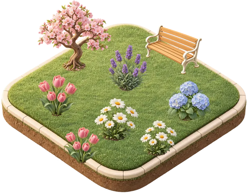 見本：花と木が育ったお花畑のイラスト